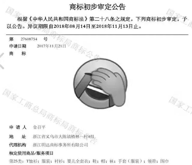 “捂脸”商标申请初步审查公告